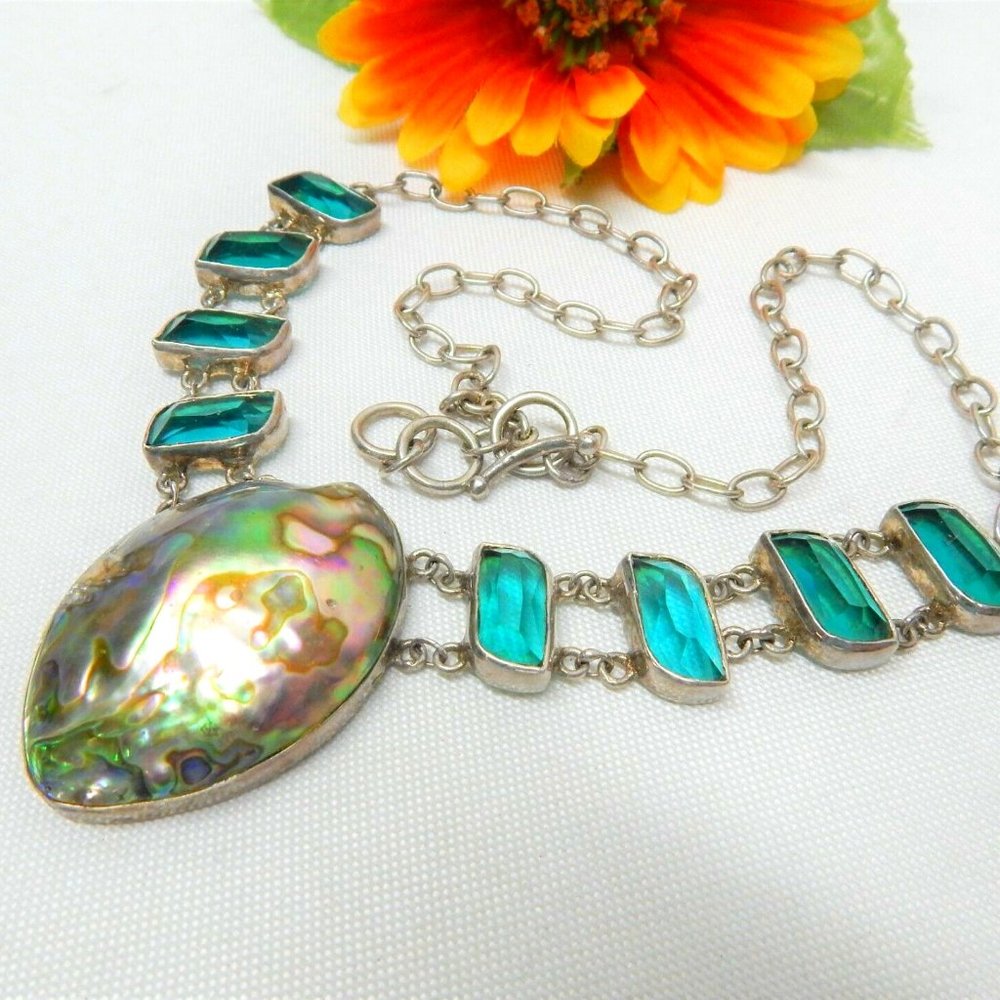 large chunky 925 sterling silver abalone green crystal pendant chain necklace